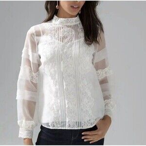 White House Black Market Vtg Style Blouse Women’s 4 White Sheer Organza Lace